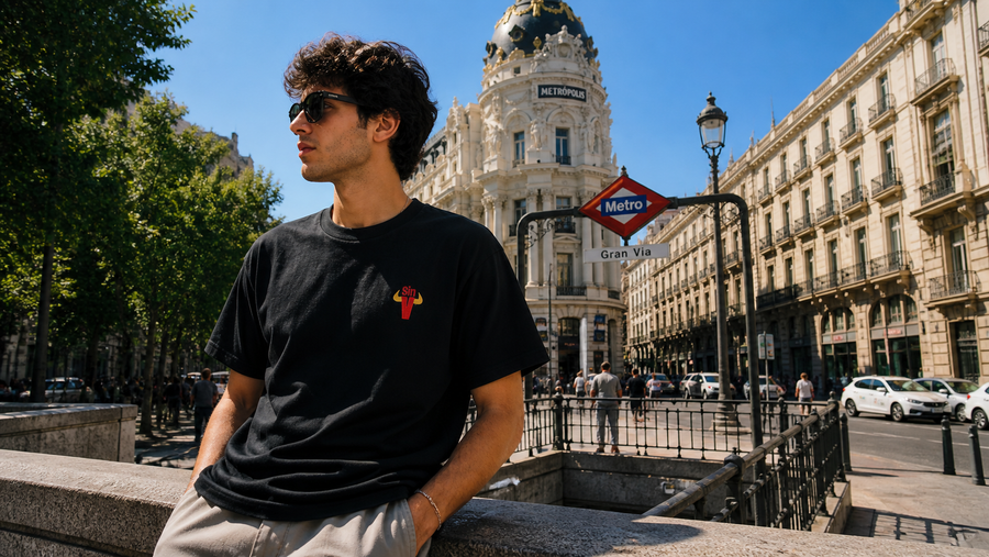 Calle de Madrid con el edificio Metrópolis al fondo