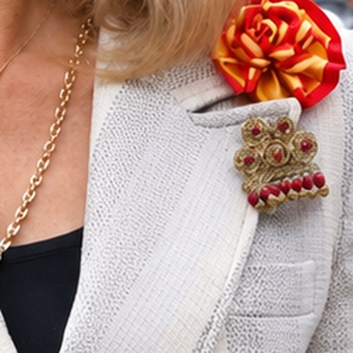 Broche de alambre Una de Belén dorado con cuentas rojas sobre americana de lino